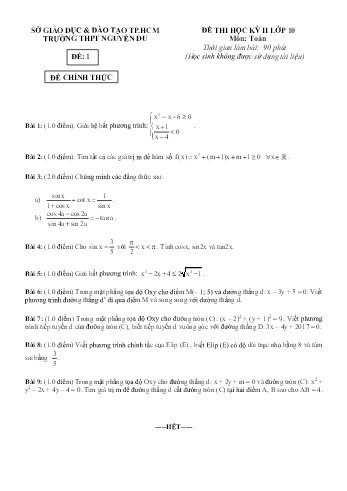 Đề kiểm tra học kì II môn Toán Lớp 10 - Trường THPT Nguyễn Du (Có đáp án)