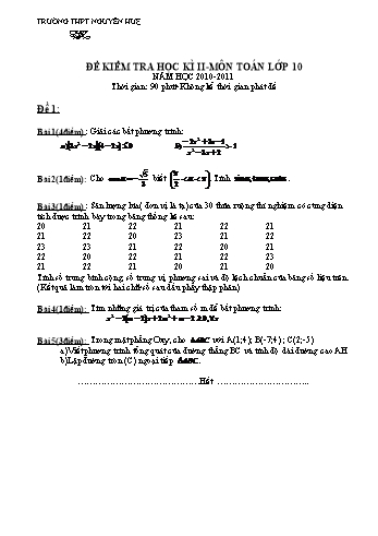Đề kiểm tra học kì II môn Toán Lớp 10 - Trường THPT Nguyễn Huệ - Năm học 2010-2011 (Có đáp án)