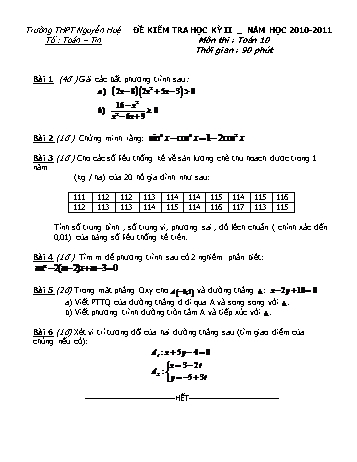Đề kiểm tra học kì II môn Toán Lớp 10 - Trường THPT Nguyễn Huệ - Năm học 2010-2011 (Có đáp án)