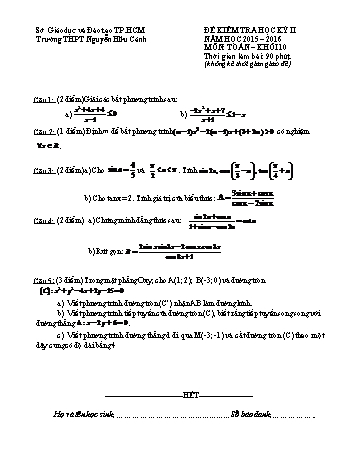 Đề kiểm tra học kì II môn Toán Lớp 10 - Trường THPT Nguyễn Hữu Cảnh - Năm học 2015-2016 (Có đáp án)