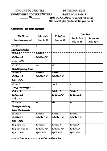 Đề kiểm tra học kì II môn Toán Lớp 10 - Trường THPT Nguyễn Hữu Thuận - Năm học 2014-2015 (Có đáp án)