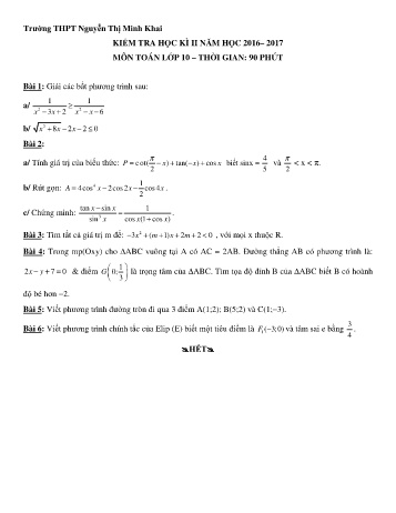 Đề kiểm tra học kì II môn Toán Lớp 10 - Trường THPT Nguyễn Thị Minh Khai - Năm học 2016-2017 (Có đáp án)