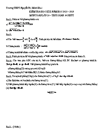 Đề kiểm tra học kì II môn Toán Lớp 10 - Trường THPT Nguyễn Thị Minh Khai - Năm học 2015-2016 (Có đáp án)