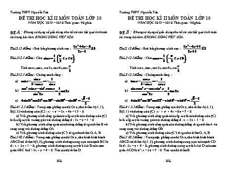Đề kiểm tra học kì II môn Toán Lớp 10 - Trường THPT Nguyễn Trãi - Năm học 2015-2016 (Có đáp án)