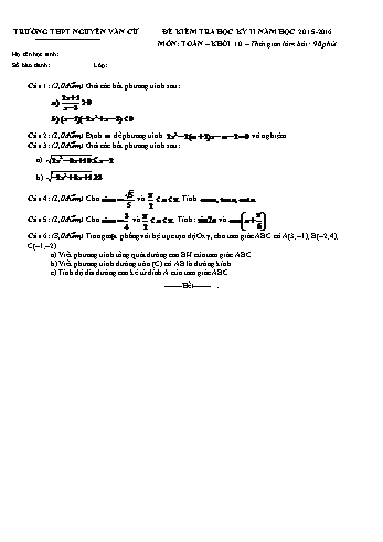 Đề kiểm tra học kì II môn Toán Lớp 10 - Trường THPT Nguyễn Văn Cừ - Năm học 2015-2016 (Có đáp án)