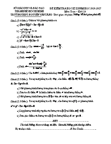 Đề kiểm tra học kì II môn Toán Lớp 10 - Trường THPT Nguyễn Văn Tăng - Năm học 2016-2017 (Có đáp án)