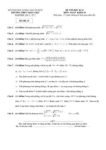 Đề kiểm tra học kì II môn Toán Lớp 10 - Trường THPT Nhân Việt - Năm học 2014-2015 (Có đáp án)
