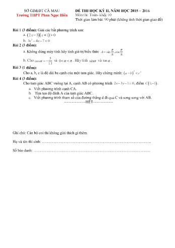 Đề kiểm tra học kì II môn Toán Lớp 10 - Trường THPT Phan Ngọc Hiển - Năm học 2015-2016 (Có đáp án)