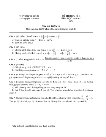 Đề kiểm tra học kì II môn Toán Lớp 10 - Trường THPT Phước Long - Năm học 2016-2017 (Có đáp án)