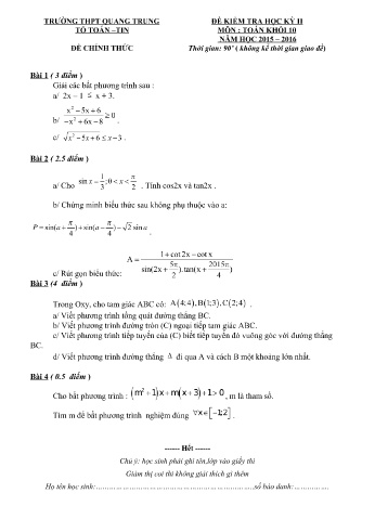 Đề kiểm tra học kì II môn Toán Lớp 10 - Trường THPT Quang Trung - Năm học 2015-2016 (Có đáp án)