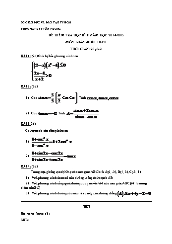 Đề kiểm tra học kì II môn Toán Lớp 10 - Trường THPT Tân Phong - Năm học 2014-2015 (Có đáp án)