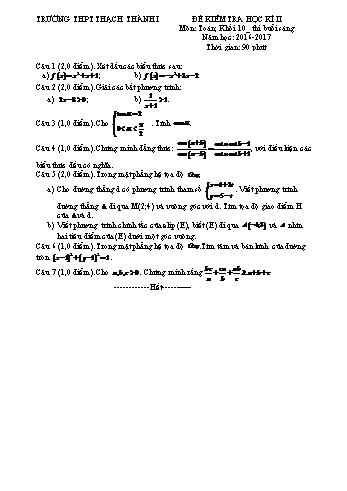 Đề kiểm tra học kì II môn Toán Lớp 10 - Trường THPT Thạch Thành I - Năm học 2016-2017 (Có đáp án)