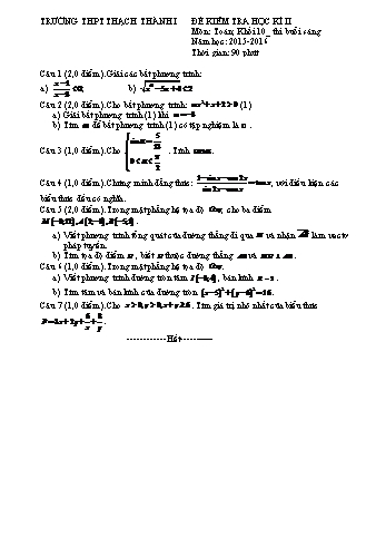 Đề kiểm tra học kì II môn Toán Lớp 10 - Trường THPT Thạch Thành I - Năm học 2015-2016 (Có đáp án)