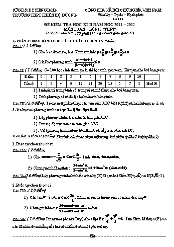 Đề kiểm tra học kì II môn Toán Lớp 10 - Trường THPT Thiên Hộ Dương - Năm học 2011-2012 (Có đáp án)