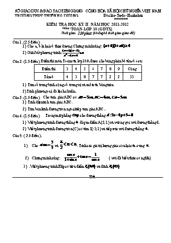 Đề kiểm tra học kì II môn Toán Lớp 10 - Trường THPT Thiên Hộ Dương - Năm học 2011-2012 (Có đáp án)