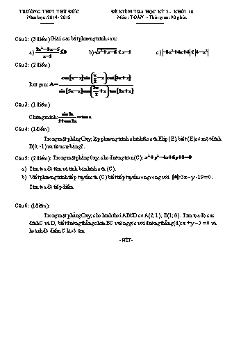 Đề kiểm tra học kì II môn Toán Lớp 10 - Trường THPT Thủ Đức - Năm học 2014-2015 (Có đáp án)