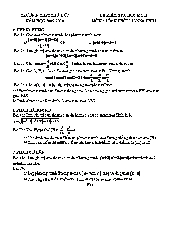 Đề kiểm tra học kì II môn Toán Lớp 10 - Trường THPT Thủ Đức - Năm học 2009-2010 (Có đáp án)