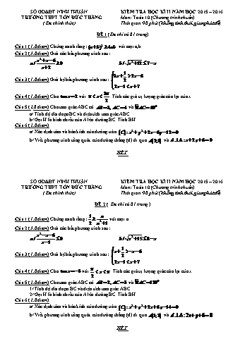 Đề kiểm tra học kì II môn Toán Lớp 10 - Trường THPT Tôn Đức Thắng - Năm học 2015-2016 (Có đáp án)