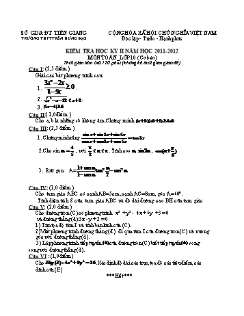 Đề kiểm tra học kì II môn Toán Lớp 10 - Trường THPT Trần Hưng Đạo - Năm học 2011-2012