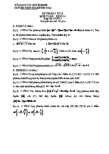 Đề kiểm tra học kì II môn Toán Lớp 10 - Trường THPT Trần Hưng Đạo - Năm học 2015-2016 (Có đáp án)