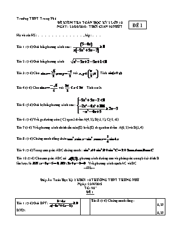 Đề kiểm tra học kì II môn Toán Lớp 10 - Trường THPT Trung Phú - Năm học 2014-2015 (Có đáp án)