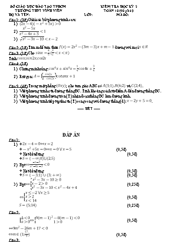 Đề kiểm tra học kì II môn Toán Lớp 10 - Trường THPT Vĩnh Viễn (Có đáp án)