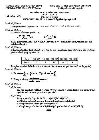 Đề kiểm tra lại môn Toán Lớp 10 - Trường THPT Phan Việt Thống - Năm học 2011-2012 (Có đáp án)