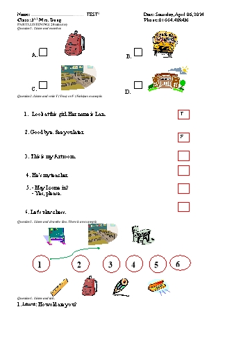 Đề kiểm tra môn Tiếng Anh Lớp 3 - Test 6 - Năm học 2023-2024