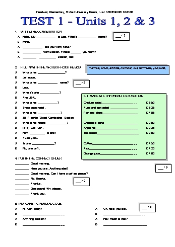 Đề kiểm tra Tiếng Anh Lớp 4 - Test 1