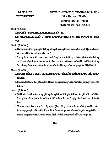 Đề KSCL chất lượng giữa kì II môn Sinh học Lớp 10 - Năm học 2018-2019 (Có đáp án)