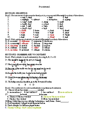 Đề ôn tập môn Tiếng Anh Lớp 5 - Practice test 1 (Có đáp án)