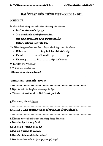 Đề ôn tập môn Tiếng Việt Lớp 2 (Có đáp án)