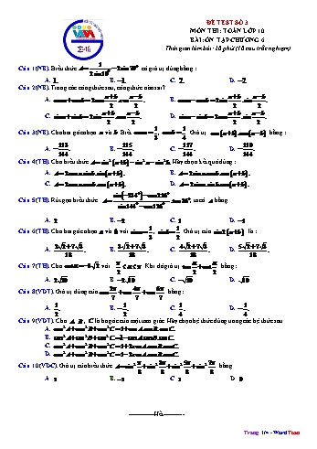 Đề ôn tập Toán Lớp 10 - Bài: Ôn tập chương 6 (Đề test số 3) (Có đáp án)