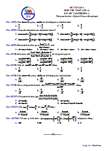 Đề ôn tập Toán Lớp 10 - Bài: Ôn tập chương 6 (Đề test số 4) (Có đáp án)