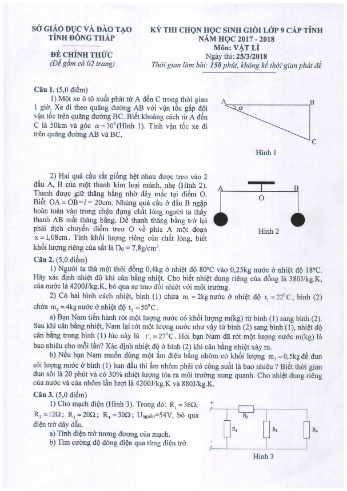 Đề thi chọn học sinh giỏi cấp tỉnh môn Vật lí Lớp 9 - Sở GD&ĐT tỉnh Đồng Tháp - Năm học 2017-2018 (Có đáp án)