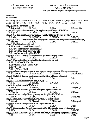 Đề thi cuối kì II môn Hóa học Lớp 12 - Sở GD&ĐT Cần Thơ - Năm học 2020-2021 (Có đáp án)