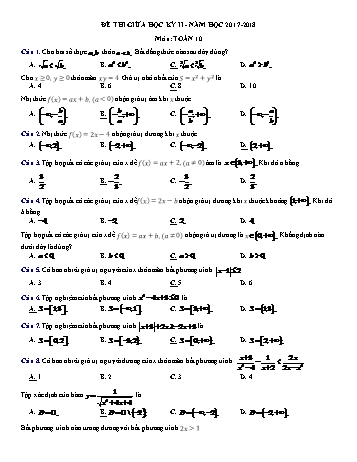 Đề thi giữa học kỳ II môn Toán Lớp 10 - Năm học 2017-2018