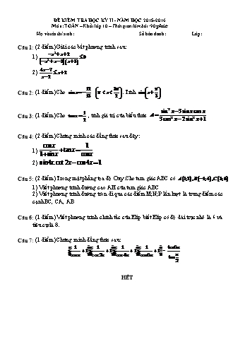 Đề thi học kì II môn Toán Lớp 10 - Năm học 2015-2016 (Có đáp án)