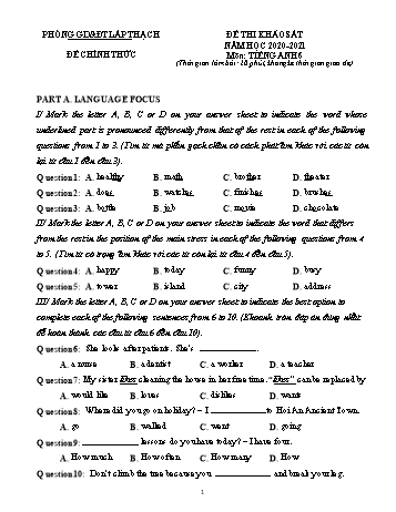 Đề thi khảo sát môn Tiếng Anh Lớp 6 - Phòng GD&ĐT Lập Thạch - Năm học 2020-2021 (Có đáp án)