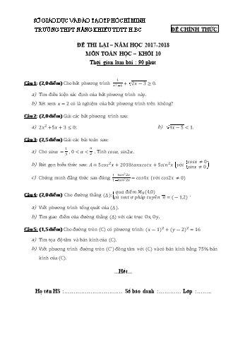 Đề thi lại môn Toán Lớp 10 - Trường THPT Năng khiếu TDTT H.BC - Năm học 2017-2018 (Có đáp án)