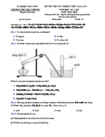 Đề thi thử tốt nghiệp THPT lần 1 môn Hóa học - Trường THPT Hàn Thuyên - Năm học 2021-2022 (Có đáp án)