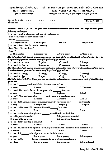 Đề thi tốt nghiệp THPT năm 2021 môn Tiếng Anh - Mã đề 403 (Có đáp án)