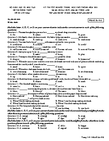 Đề thi tốt nghiệp THPT năm 2021 môn Tiếng Anh - Mã đề 416 (Có đáp án)