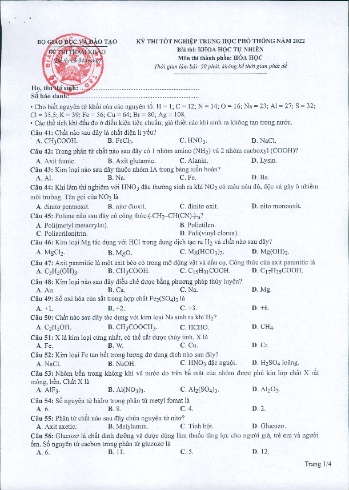 Đề thi tốt nghiệp THPT năm 2022 môn Hóa học