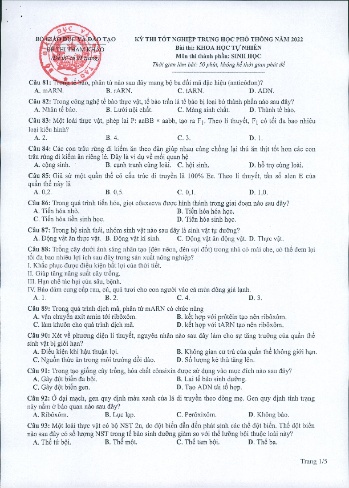 Đề thi tốt nghiệp THPT năm 2022 môn Sinh học