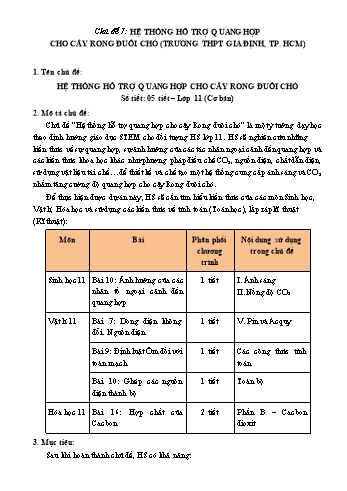 Giáo án Sinh học Lớp 11 - Chủ đề 7: Hệ thống hỗ trợ quang hợp cho cây rong đuôi chó