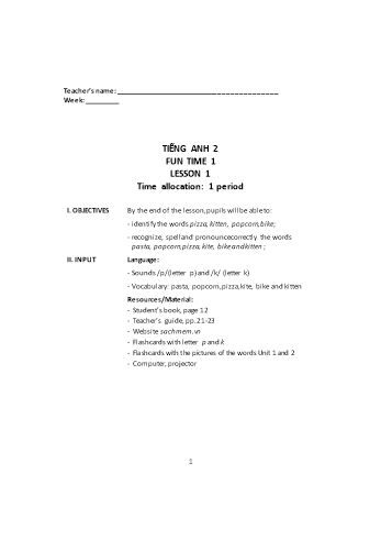 Giáo án Tiếng Anh Lớp 2 - Fun time 1