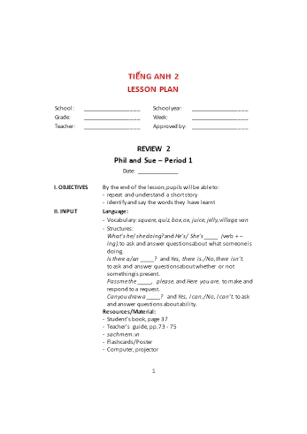 Giáo án Tiếng Anh Lớp 2 - Review 2