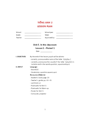 Giáo án Tiếng Anh Lớp 2 - Unit 5: In the classroom