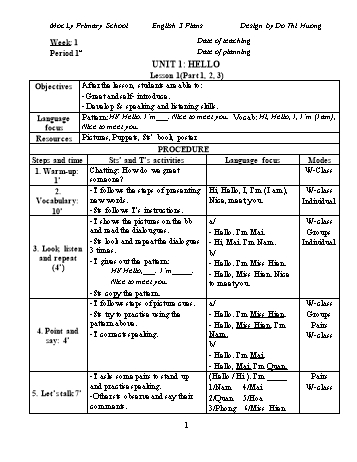 Giáo án Tiếng Anh Lớp 3 - Unit 1: Hello - Đỗ Thị Hương